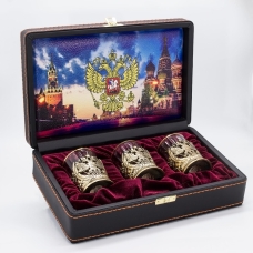 Набор Стопок Хрустальный "Герб России" в подарочном футляре 3 шт